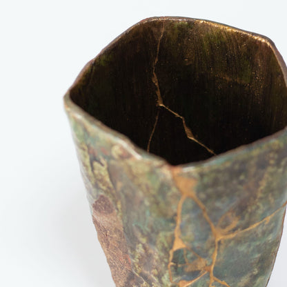 Top view of Pentagon Kintsugi Cup "Oribe" Deep Green 02, showcasing its unique pentagonal shape