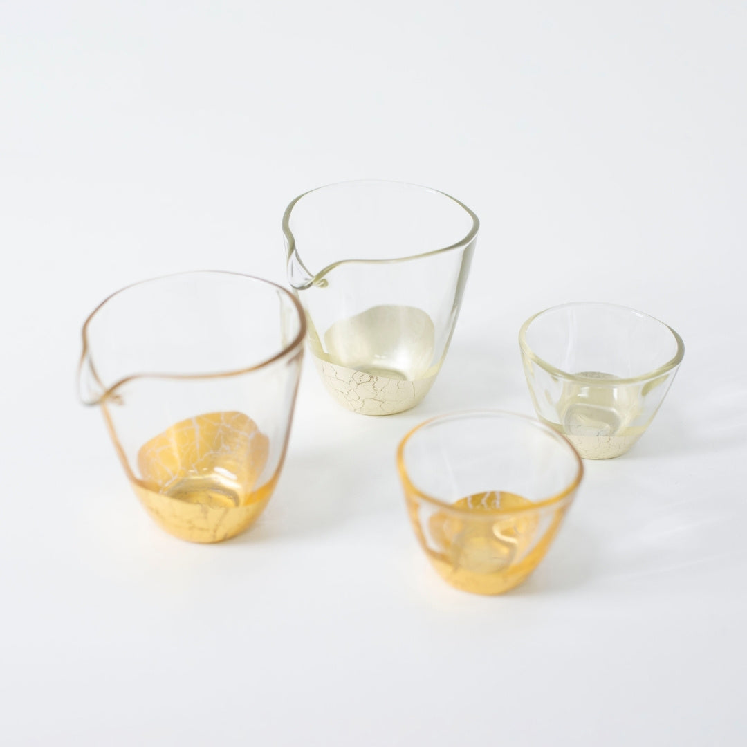 Top view of Japanese sake set with Kanazawa gold leaf—Gold and Champagne Gold edition by HAKUICHI