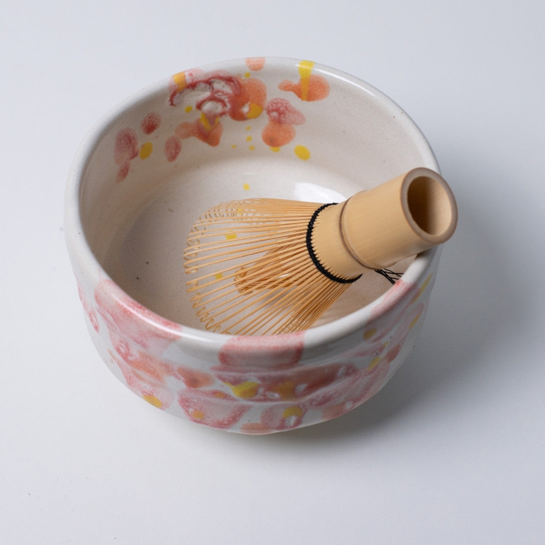 Top view of Japanese matcha bowl "Flower" with vibrant glaze, ideal for whisking matcha.