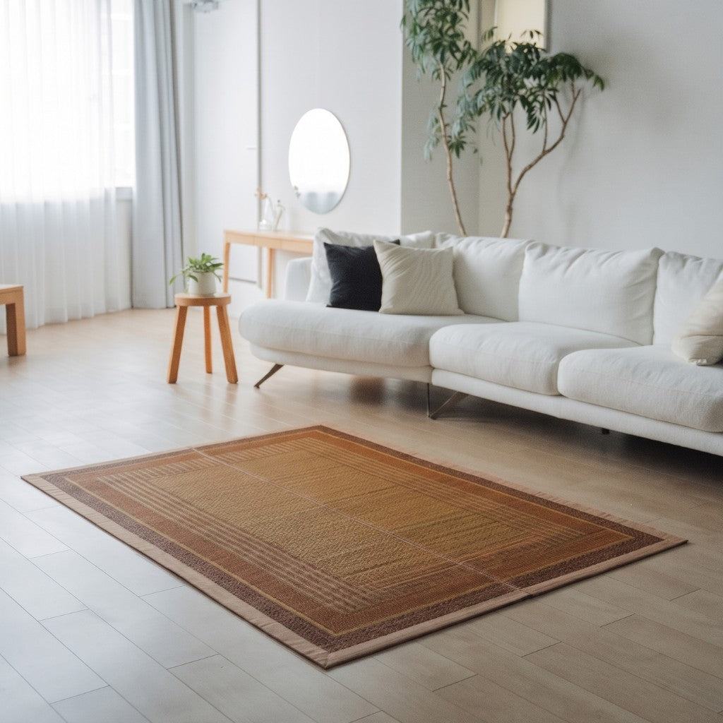Japanese Tatami Area Rug "Ranks" Natural Beige on a light wooden floor, adding warm comfort to a modern living room.