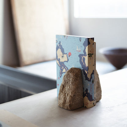 Japanese Aji stone bookend styled as a centerpiece of Japandi interior design, showcasing its unique granite texture.