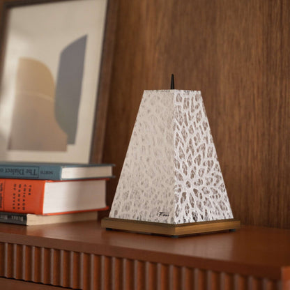 Close-up of unlit Japanese paper table lamp "Mini Akari" White highlighting the wooden base and delicate paper details.