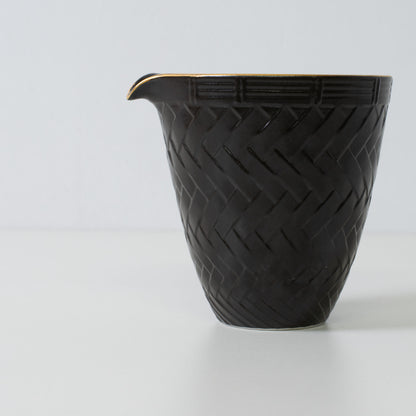 Basket weave sake carafe, black porcelain - Close up of a Japanese sake carafe highlighting the woven texture