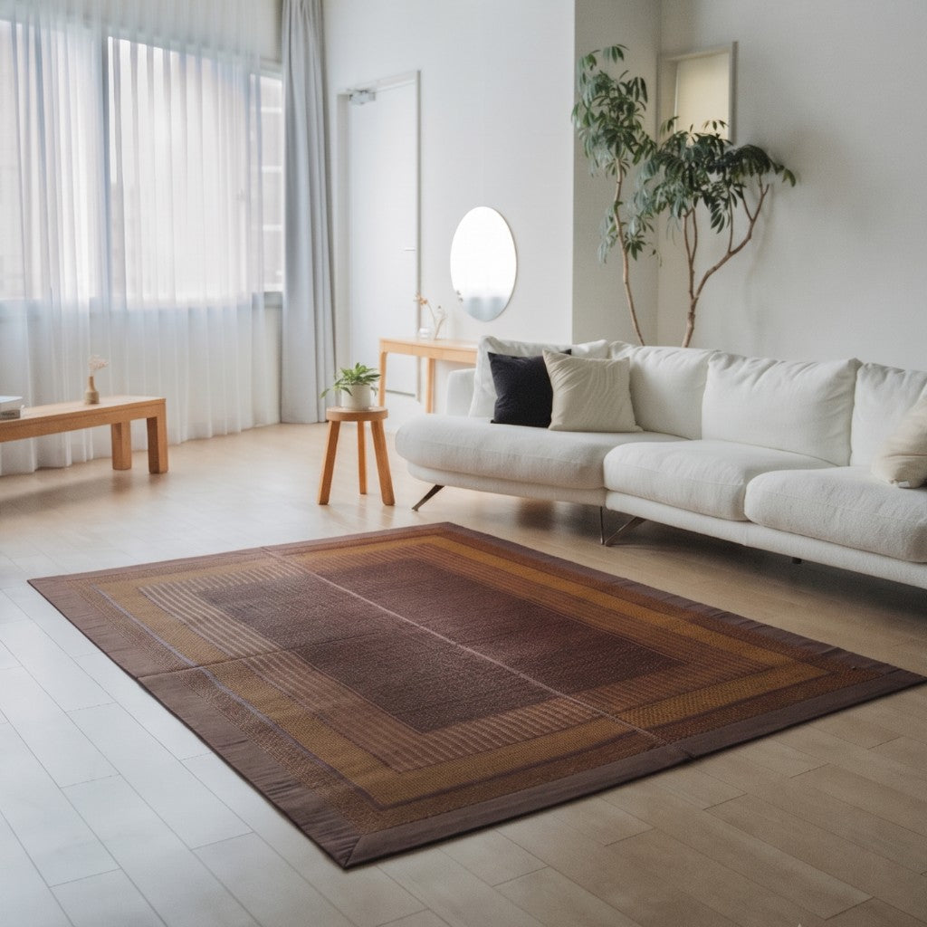 Japanese Tatami Area Rug "Ranks" Burgundy on a wooden floor in a bright living room for spacious mindful relaxation.