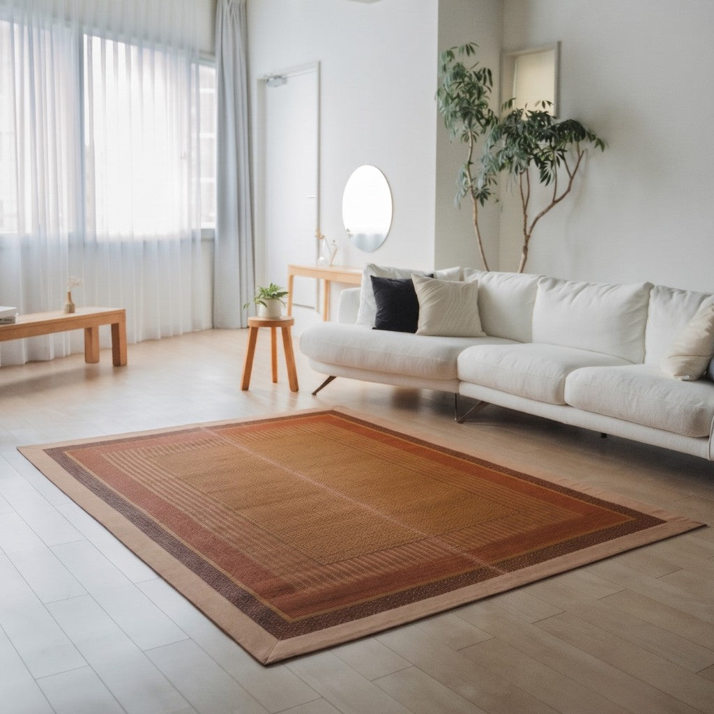 Japanese Tatami Area Rug "Ranks" Natural Beige on a wooden floor in a bright living room for spacious mindful relaxation.