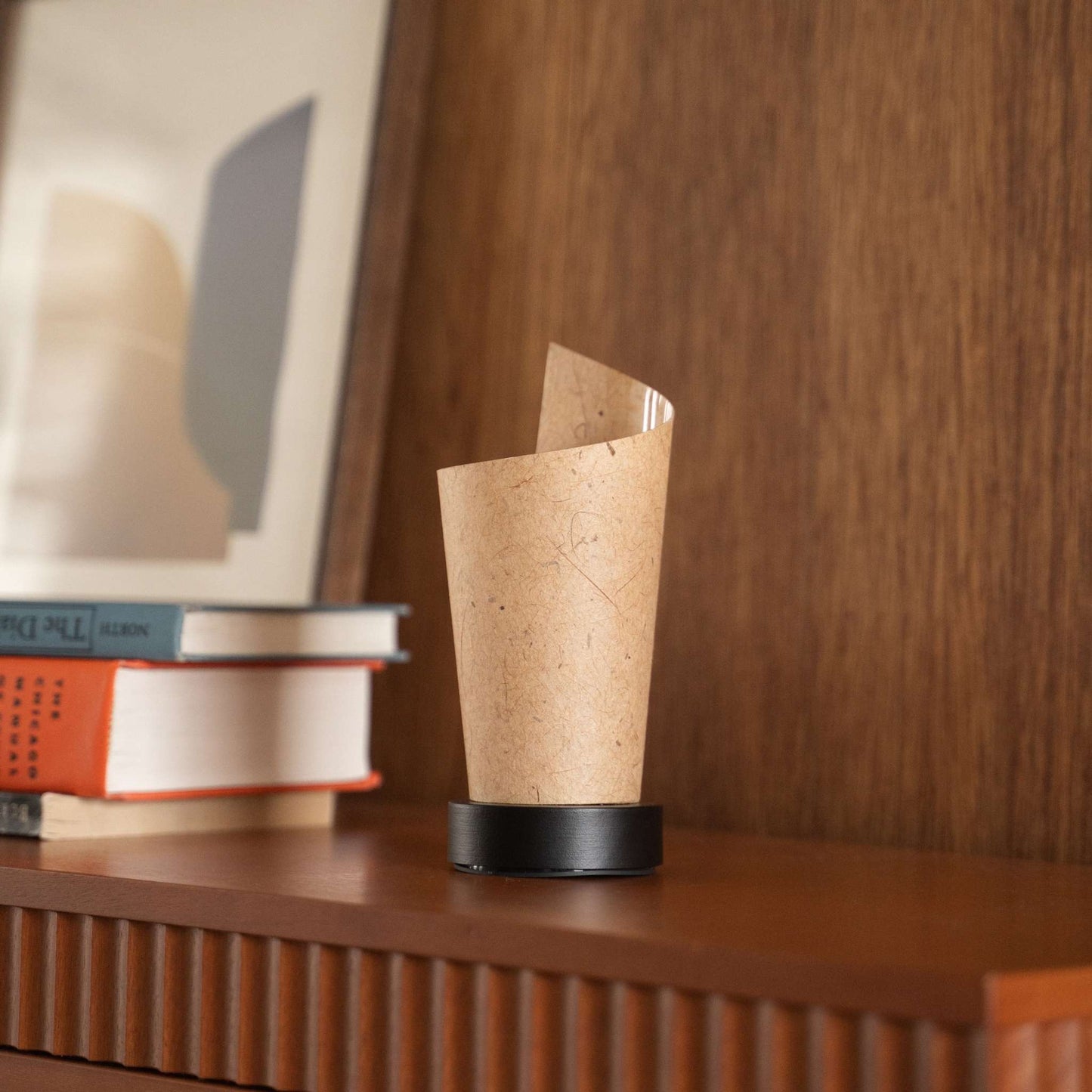 Close-up of an unlit Japanese paper table lamp "Maki" Cedar Bark highlighting its natural flecks and wabi sabi aesthetic on a console.