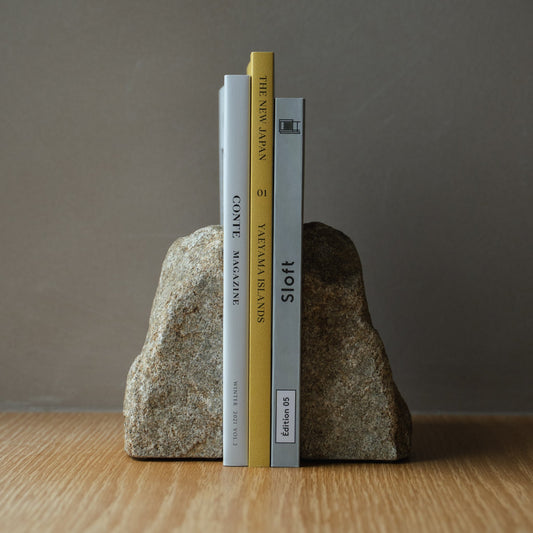 Japanese Aji Stone Book End Small in natural stone styled in a console table setting, console scene view.
