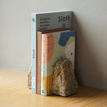 Japanese Aji Stone Book End Small in natural stone styled in a console table setting, console scene view.