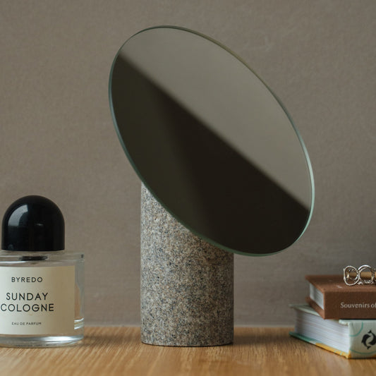 Japanese Aji Stone Table Mirror in natural stone styled in a interior space, interior scene view.