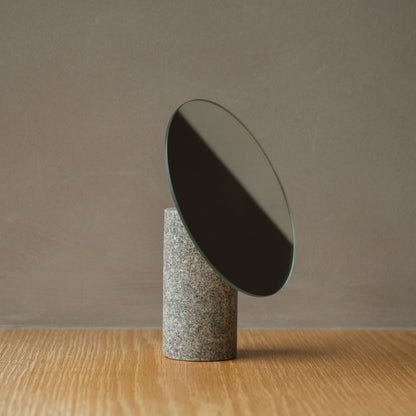 Japanese Aji Stone Table Mirror in natural stone styled in a interior space, interior scene view.
