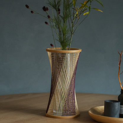 Japanese Bamboo Flower Vase "Fleeting Moment" in brown & purple styled in a styled room, detail lifestyle view.