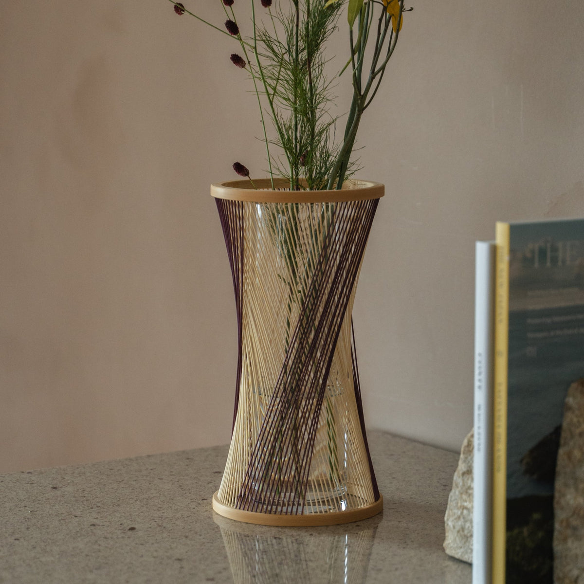 Japanese Bamboo Flower Vase "Fleeting Moment" in brown & purple styled in a styled room, detail lifestyle view.