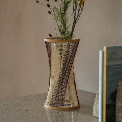 Japanese Bamboo Flower Vase "Fleeting Moment" in brown & purple styled in a styled room, detail lifestyle view.