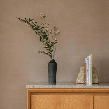Japanese Cedar Ikebana Vase Indigo 02 in navy styled in a console table setting, console scene view.