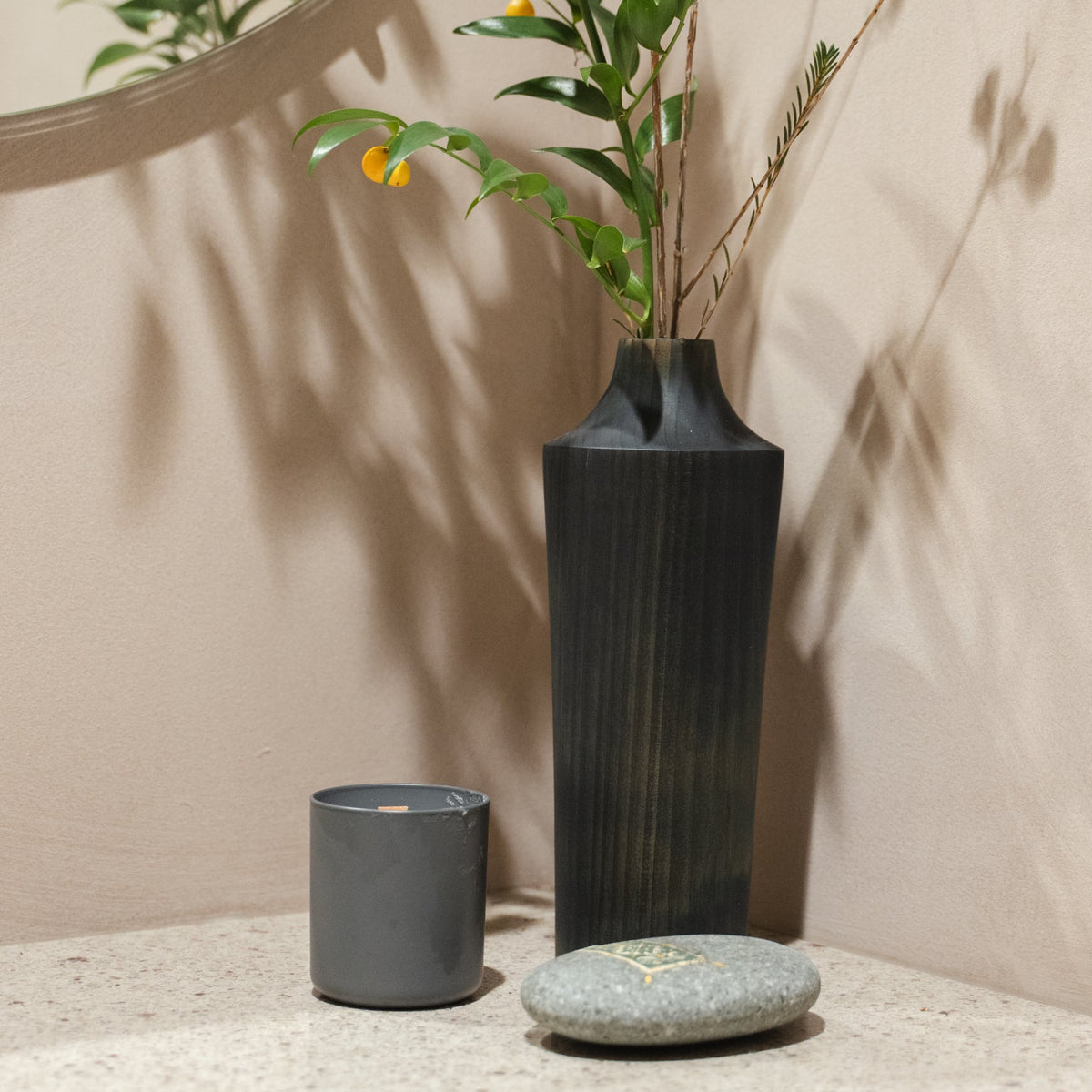 Japanese Cedar Ikebana Vase Indigo 02 in navy styled in a entryway setting, entryway scene view.