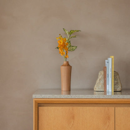 Japanese Cedar Ikebana Vase Natural Wood 02 in brown styled in a console table setting, console scene view.