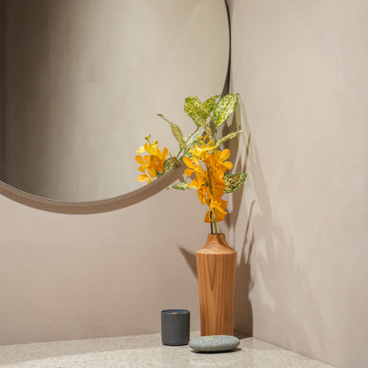 Japanese Cedar Ikebana Vase Natural Wood 02 in brown styled in a entryway setting, entryway scene view.