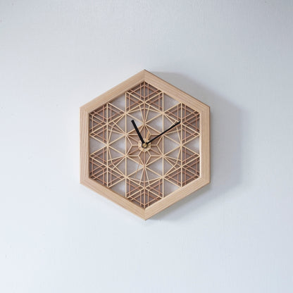 A traditional Japanese kumiko clock crafted from intricately joined wooden pieces. Over 1400 years of craftsmanship are embodied in this timepiece.