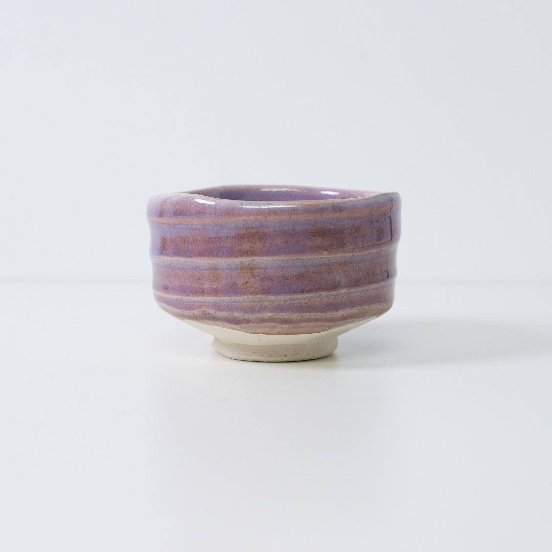 "Pale Violet" Japanese matcha bowl handcrafted from Mino ware with a glossy light purple glaze and organic hand-carved ridges.