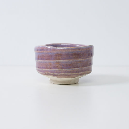 "Pale Violet" Japanese matcha bowl handcrafted from Mino ware with a glossy light purple glaze and organic hand-carved ridges.