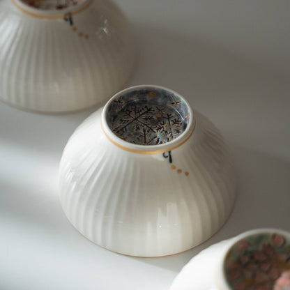 Detailed view of the foot ring on a white ceramic matcha bowl featuring hand painted snow crystals.