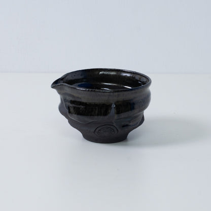 Japanese matcha bowl with spout "Dignity Blue" pottery from Japan, featuring an engraved artisan seal on the side.
