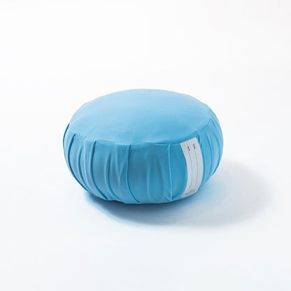 Japanese meditation cushion zafu "ZAF MOMENT" medium, calm blue, kapok - Round pleated design for zen and yoga meditation.