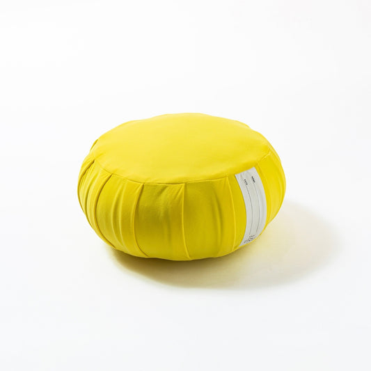 Japanese meditation cushion zafu "ZAF MOMENT" medium, mimosa yellow, kapok - Round pleated design for zen and yoga meditation.