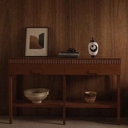 Japanese paper lantern moon and star small standing on a wooden console table in a mid century modern living room