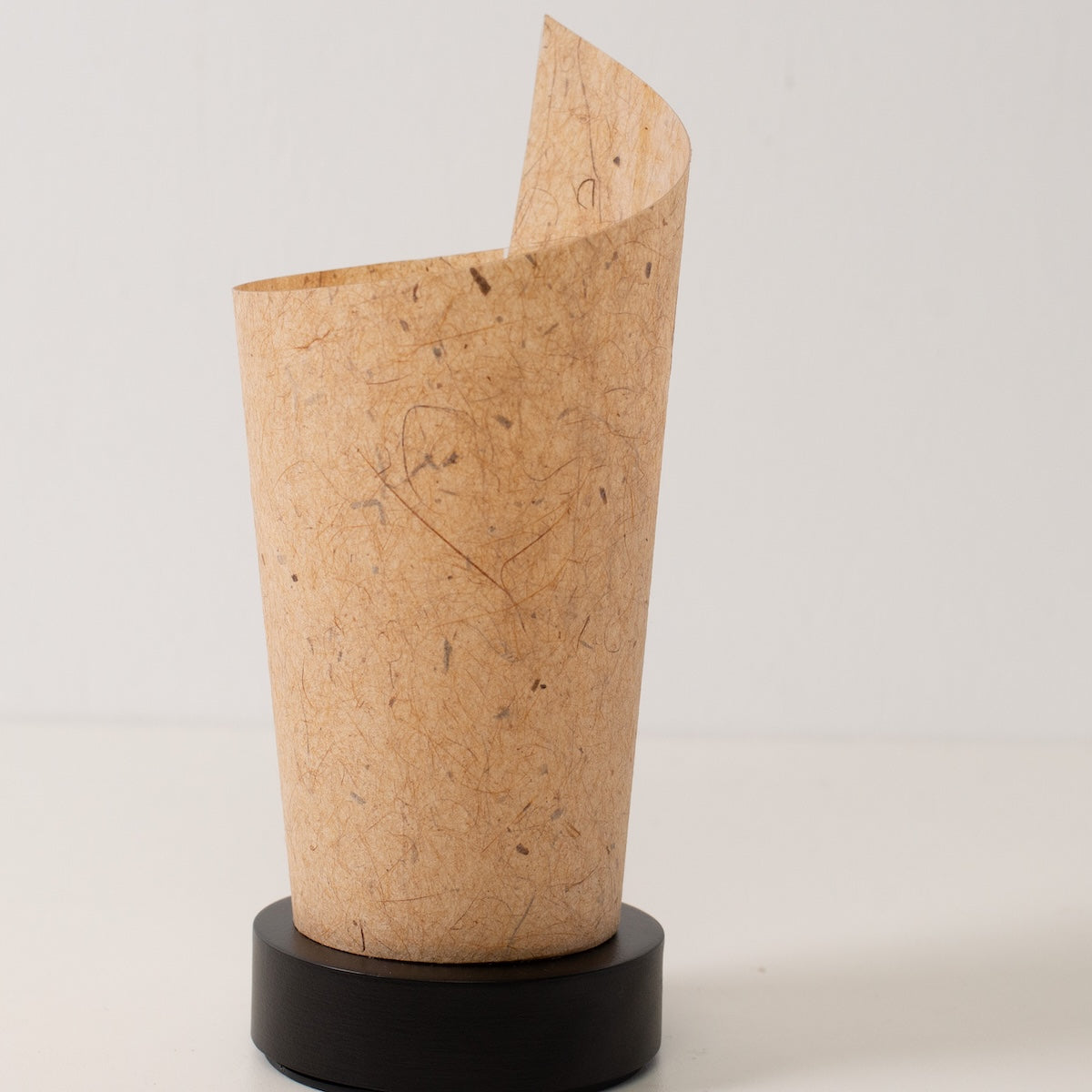 Japanese Paper Table Lamp "Maki" Cedar Bark, brown, Mino Washi paper and wood - angled view of unlit paper lamp from Japan.