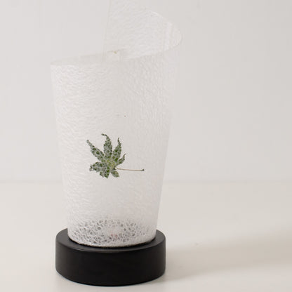 Japanese Paper Table Lamp "Maki" Momiji Leaf, white, Mino Washi paper and wood - angled view of unlit paper lamp from Japan.