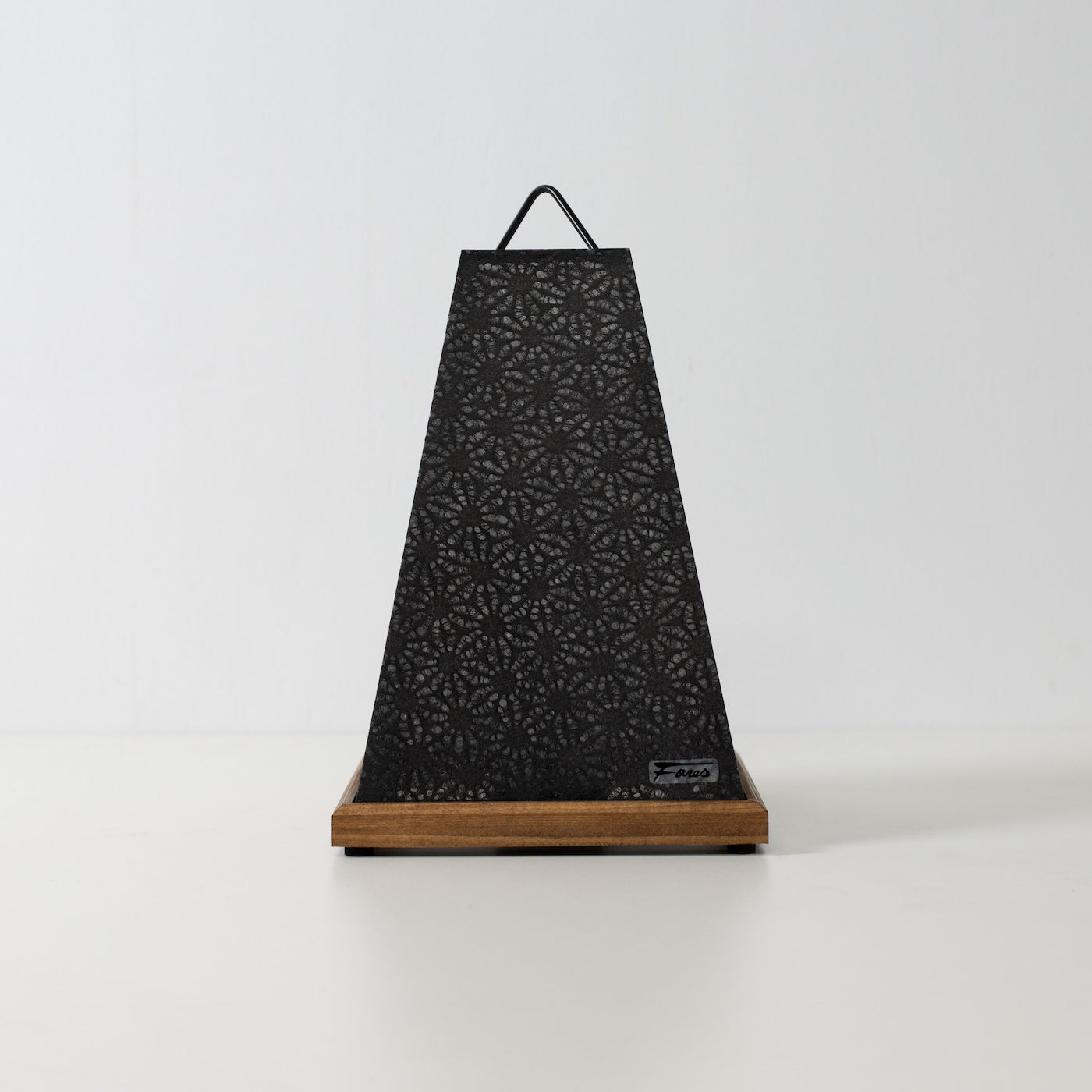 Japanese Paper Table Lamp Mini Akari, black, Mino Washi paper and wood - unlit accent lamp from Japan with lace pattern.