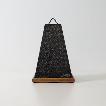 Japanese Paper Table Lamp Mini Akari, black, Mino Washi paper and wood - unlit accent lamp from Japan with lace pattern.