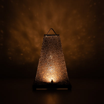 Japanese Paper Table Lamp Mini Akari, black, Mino Washi paper - lit Japandi style accent lamp casting a soft warm glow.