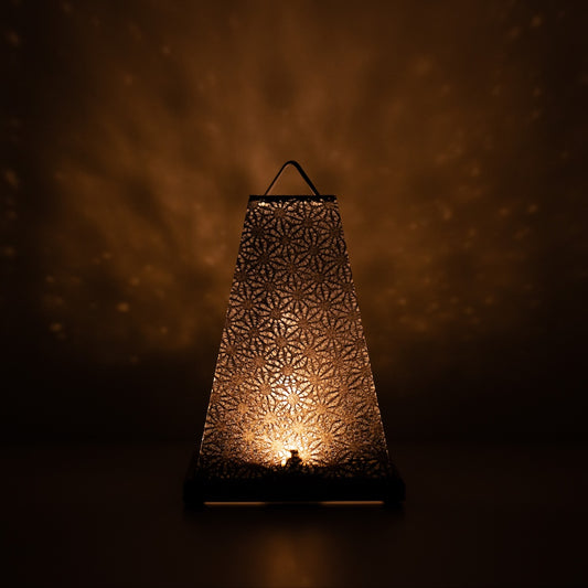 Japanese Paper Table Lamp Mini Akari, black, Mino Washi paper - lit Japandi style accent lamp casting a soft warm glow.