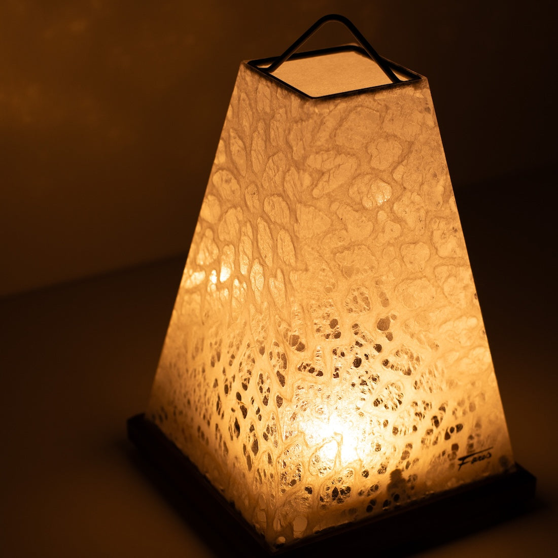 Japanese Paper Table Lamp "Mini Akari", white, Mino Washi paper - angled view of illuminated wabi sabi style paper lamp.