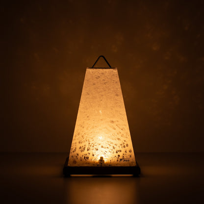 Japanese Paper Table Lamp Mini Akari, white, Mino Washi paper - lit Japandi style accent lamp casting a soft warm glow.