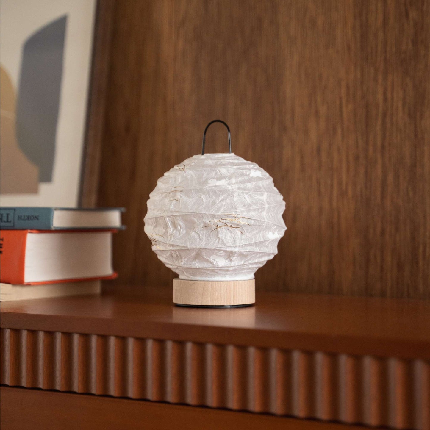 Japanese paper table lamp "Yuhi" Rabbit placed on a console table in a mid-century living room