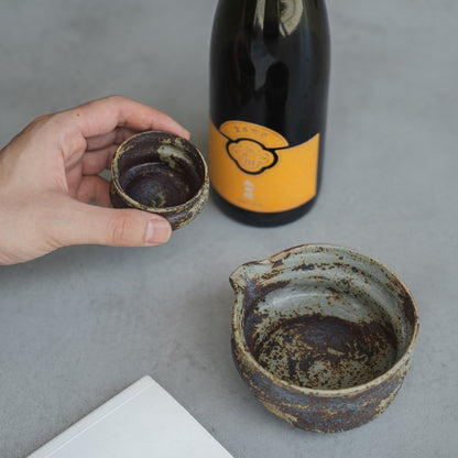 Japanische Keramiktasse und Karaffe für Sake auf einem modernen Tisch, gehalten von jemandem, der eine friedliche Lesezeit allein genießt.