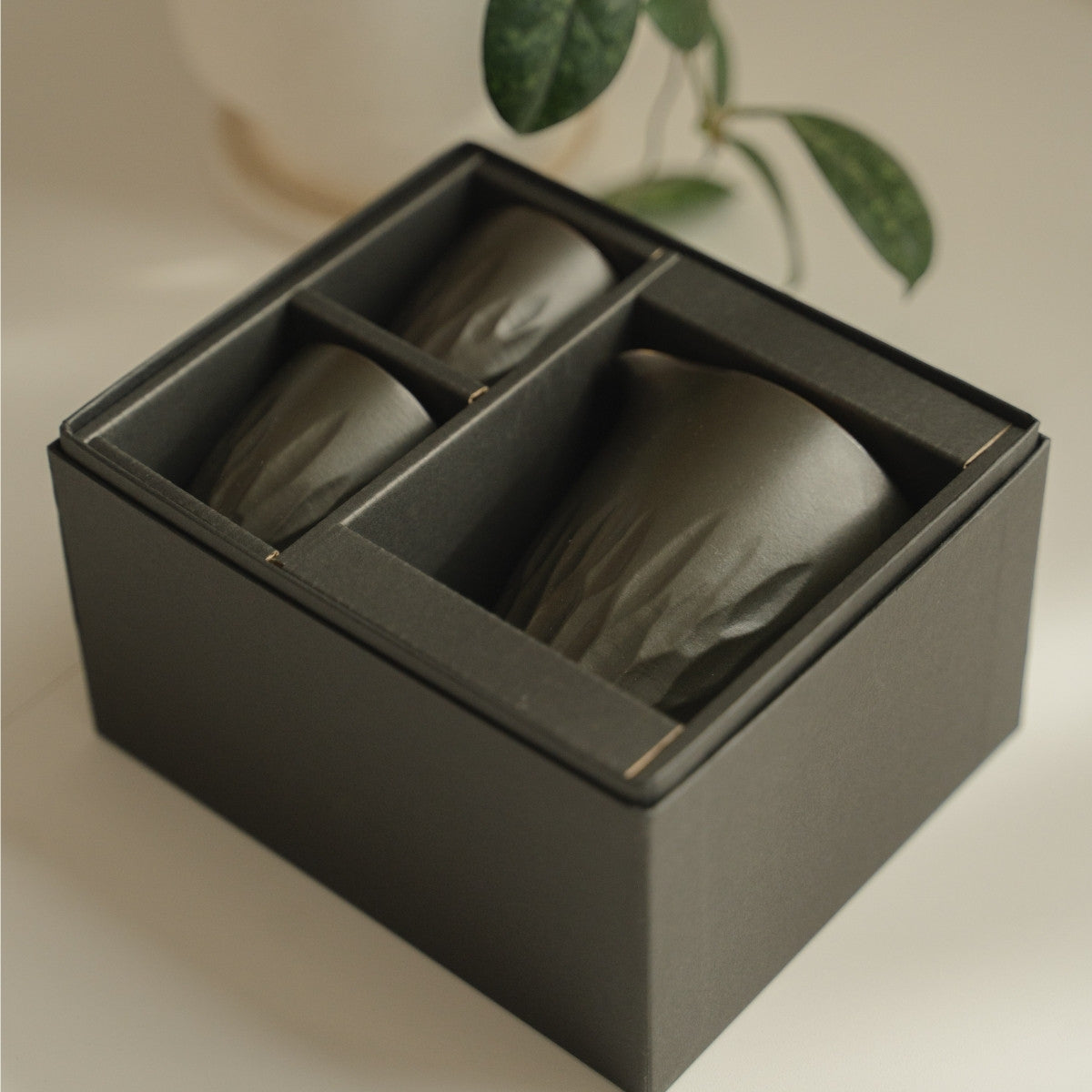 Matte black arita porcelain sake set from Japan in a sleek gift box, ready for sake lovers to present as a premium gift.