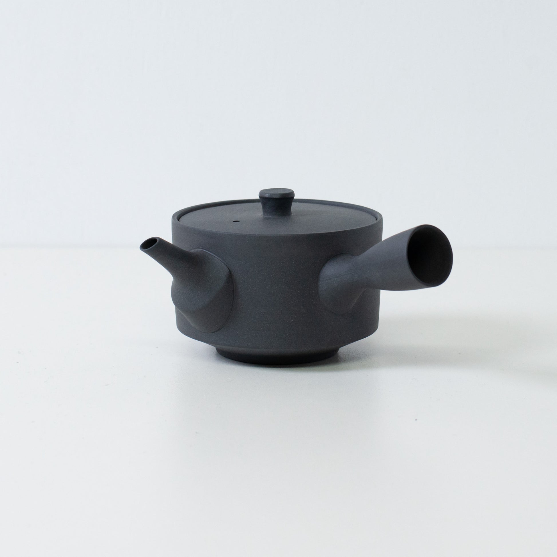 Side view of a black japanese sencha teapot with a side handle and lid on a white background.