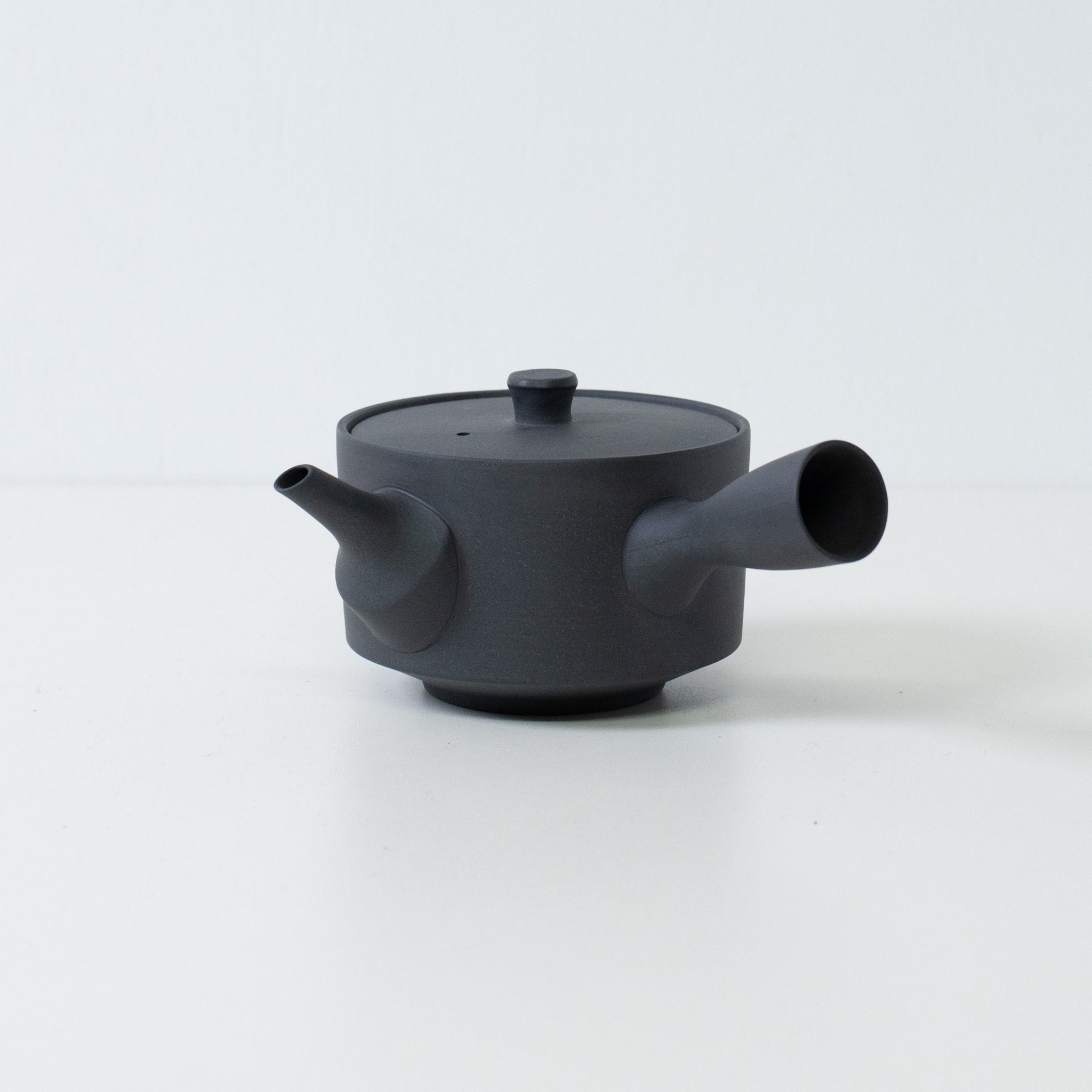 Vue de côté d'une théière sencha japonaise noire avec une anse latérale et un couvercle sur fond blanc.