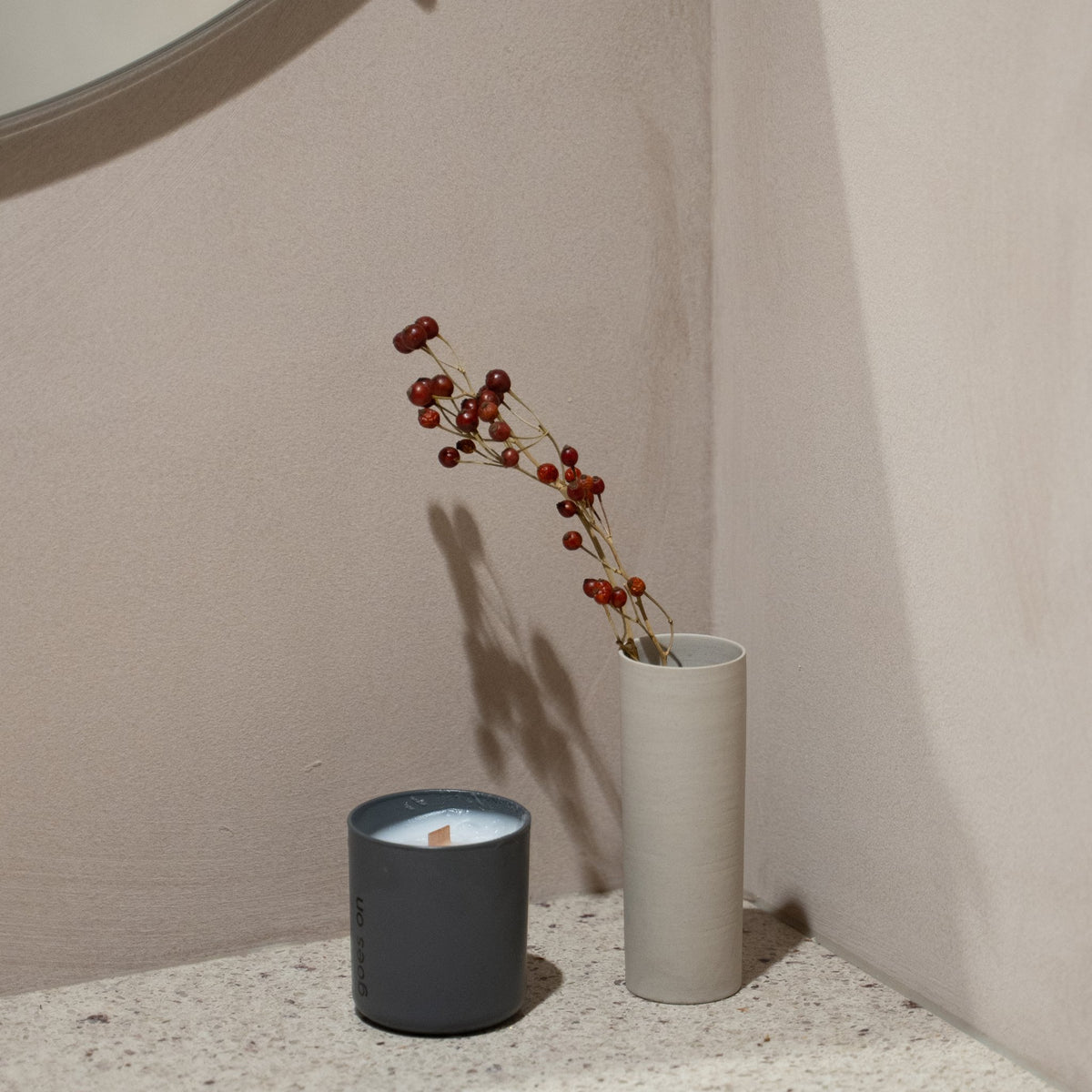 Japanese Single Flower Vase "Cylinder" in white styled in a entryway setting, entryway scene view.