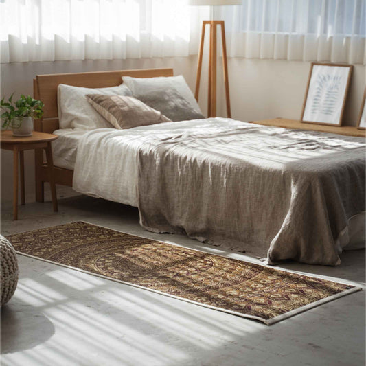 Brown tatami yoga mattress placed on a bedroom floor creating a spiritual sanctuary and Japanese decor accent.