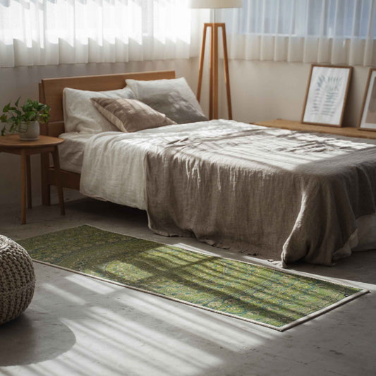 Green tatami mat with mandala pattern serving as a stylish bedside runner in a sunlit bedroom.