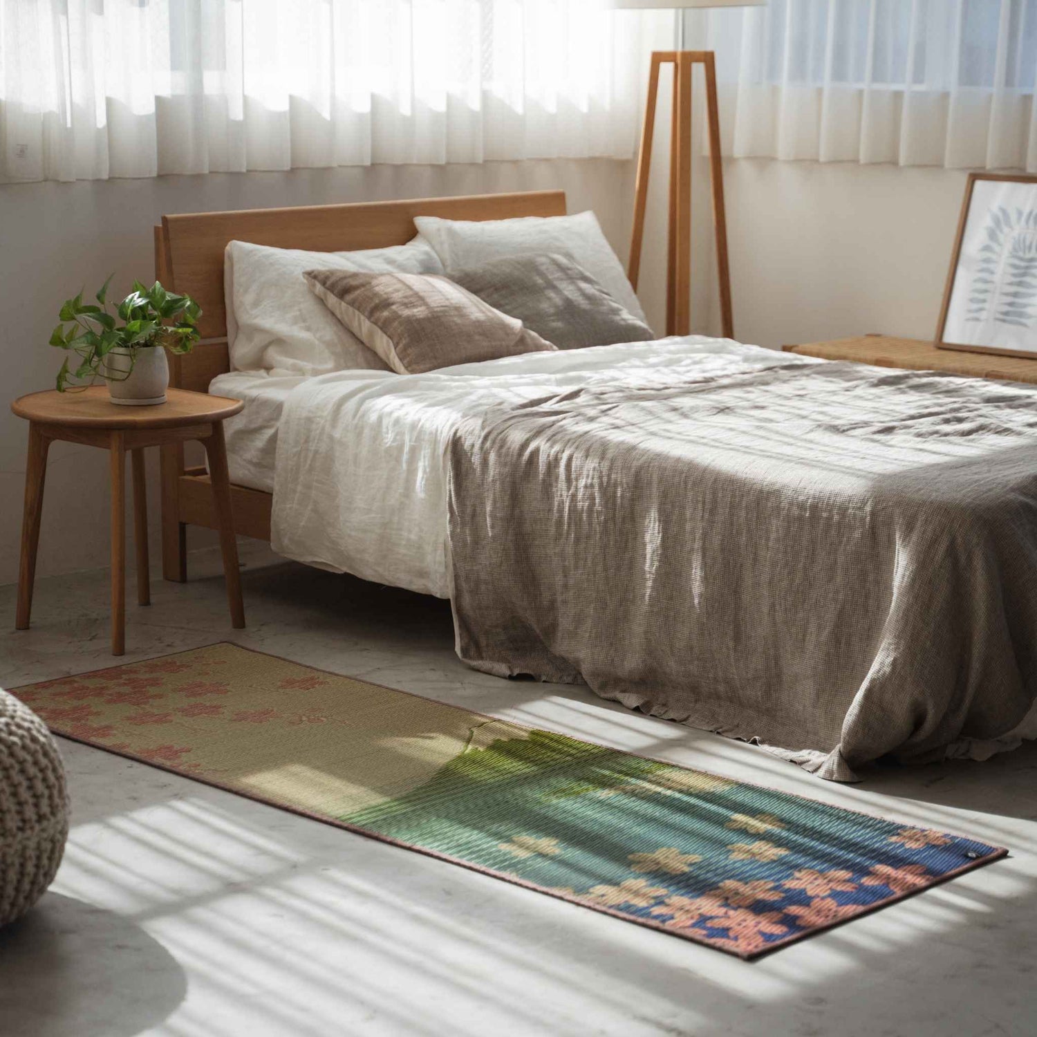 Mt Fuji and Sakura tatami mat placed on a bedroom floor creating a serene sanctuary for meditation.