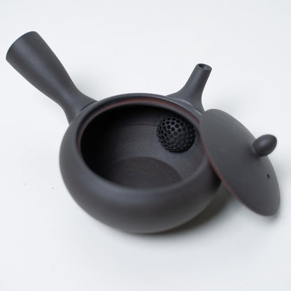 Open black japanese teapot displaying the unglazed interior and ceramic mesh strainer with the lid resting aside.