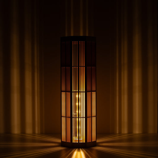 Japanese Wood Floor Lamp SAN Large, Natural, Aomori Hiba - Ambient Shadow Art Lamp