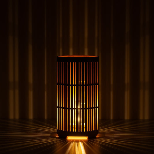 Japanese Wood Table Lamp Kagayaki, Natural, Aomori Hiba - Ambient Lamp with Radial Shadows