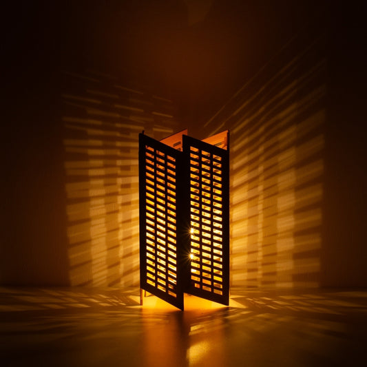 Japanese Wood Table Lamp Towaru, Natural, Aomori Hiba - Ambient Lamp with Geometric Shadows